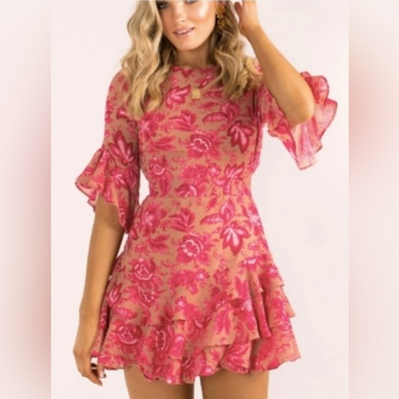 🚫Sundae Muse Christy Mini Tiered Dress, Floral Pink on Nude, Size 8 - Picture 3 of 14